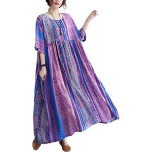 Women Summer Dress Plus Size Boho Floral Loose Fit with Pockets Purple